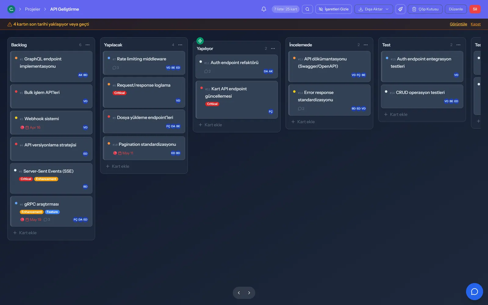 Calio kanban panosu — koyu temada Türkçe kartlarla